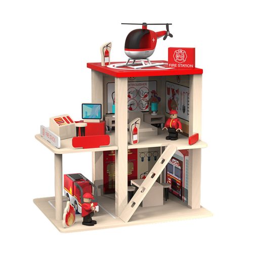 Juego de Estacion de Bomberos de Madera BBtinker, Munecos de Juguete de Juegos de Imitacion de 3 Niveles Multicolor con Figuras, Camion, Helicoptero y Accesorios, Juguetes Educativos de Aprendizaje Preescolar para Ninos Pequenos de 3 Anos en Adelante