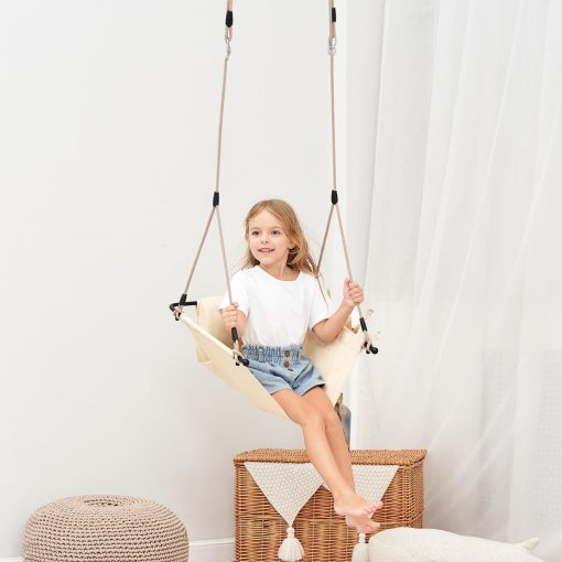 Columpio Hamaca nets Tribe para ninos y adultos con respaldo y cojin lavable, columpio de puerta para interiores y exteriores, juego de columpios para jardin en casa (Beige Blanco) - Imagen 5