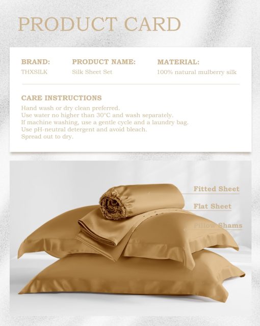 Juego de sabanas de seda 100% morera THXSILK, juego de sabanas de seda 7A+ suave y transpirable, ropa de cama de lujo (1 sabana plana, 1 sabana ajustable, 2 fundas de almohada) King, Oro metalico - Imagen 6