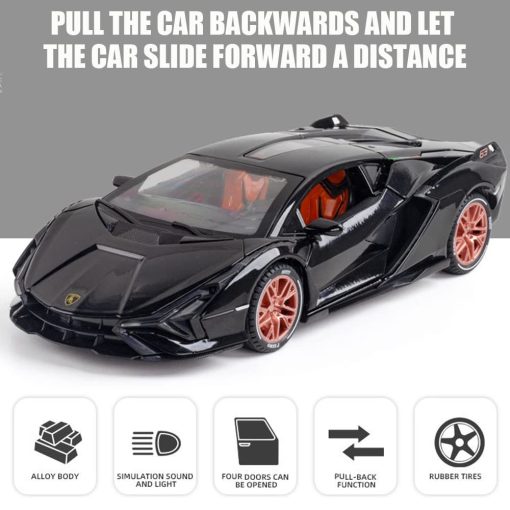 Carro de juguete Diecast 1/24 para ninos, Modelo de Coche Lambo Sian FKP 37 de Aleacion de Zinc con Luz y Sonido, Coche de Juguete de Vehiculos Retractiles para Ninos Ninas Regalo de Cumpleanos (Negro) - Imagen 4