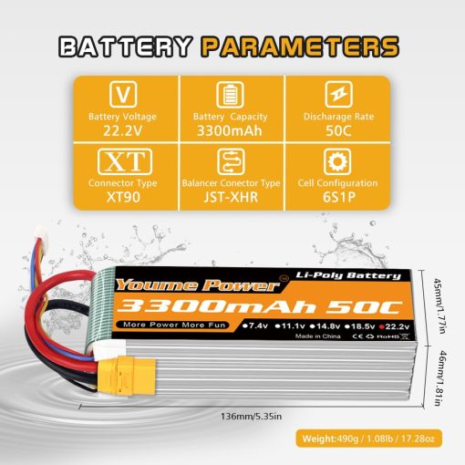 Bateria LiPo de 22.2V 3300mAh, Bateria Lipo 6S 50C XT90 Tapon para Avion RC Helicoptero RC Quadcopter Drone Coche Camion Barco Modelo (2 Paquetes) - Imagen 3
