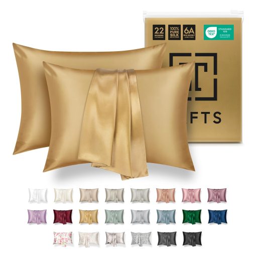 Funda de Almohada de Seda de Tafts - 22mm 100% Pura Seda de Morera 6A Funda de Almohada de Seda para Cabello y Piel con Cierre de Cremallera, Refrigerante, Natural, Organica, Doble Cara Funda de Almohada de Seda (Dorado, King 20x36 2pc)