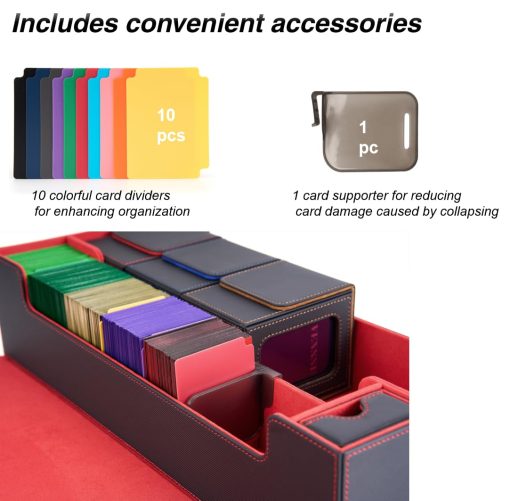 Caja de Mazo Venssu MTG para 5 Cajas de Cartas con Tapete y Caja de Dados, Incluye 10 Separadores Coloridos y 1 Soporte de Carta, Caja de Almacenamiento de Cartas de Juego para Magic Game Cards (Negro y Rojo) - Imagen 4
