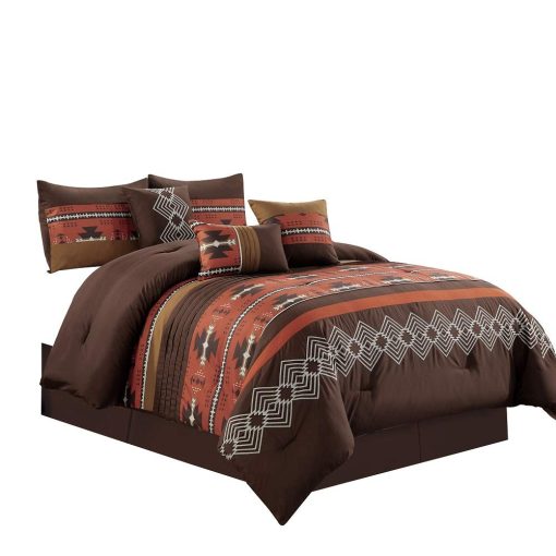 Juego de Edredon de 7 Piezas de Diseño Nativo Americano del Suroeste y Oeste Cama Tamaño Reina Coffee Brown Bed in a Bag Ropa de Cama Navajo - Makala (Ladrillo Especias, Reina)