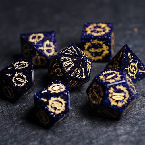 D&D Dungeons and Dragons Dice, Juego de dados poliedricos DND Pretty con tema de lenguaje secreto de elfos de piedra azul para juegos de mesa, TRPG, juegos de rol, 7 piezas - Imagen 3