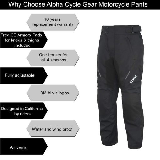 Pantalones de Moto para Hombre Todas las Estaciones Motocross Offroad Sobrepantalones Touring Aventura Dual Enduro Impermeables con Armadura CE (NEGRO, Cintura 34"-36" Entrepierna 30") - Imagen 3