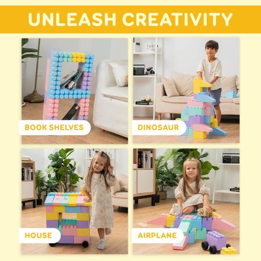 Bloques de Construccion de Plastico Masivo MassBricks - Bloques Gigantes para Ninos, Ninas Edad 1-8 Juega con Piezas Grandes Educativas, de Construccion, y de Apilamiento sin BPA (48 pzs Pastel + Ruedas) - Imagen 3