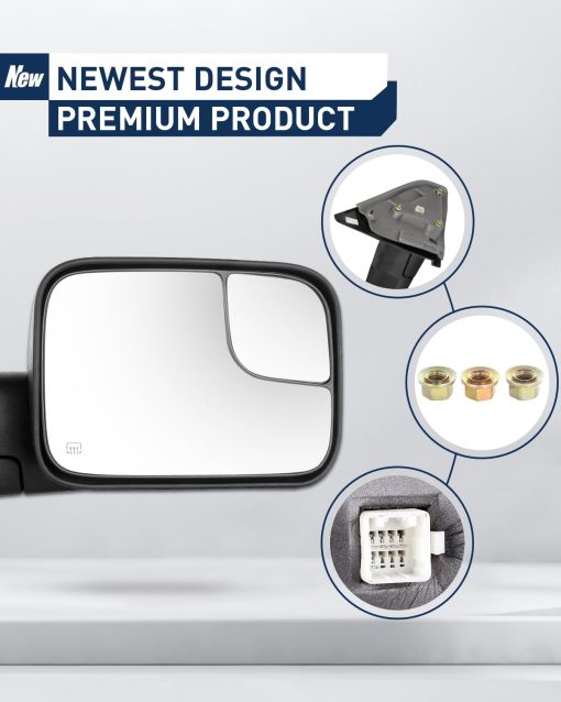 Espejos de Remolque ECCPP aptos para 02-08 para Dodge Ram 1500 03-09 para Dodge Ram 2500 3500 Pickup Truck Espejos Laterales Negros de Remolque Plegables Electricos Termicos Juego de Par Espejo Lado Derecho Pasajero e Izquierdo Conductor - Imagen 6