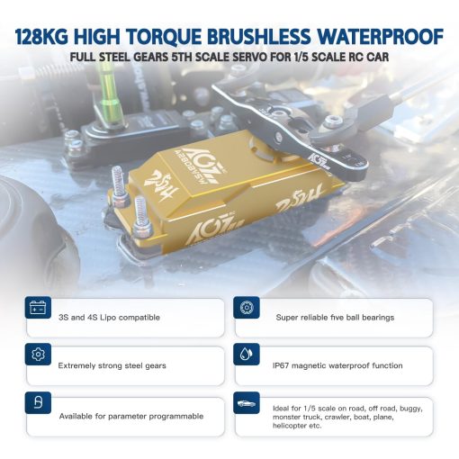 AGFRC 128KG Servo-Motor de Alto Torque 1/5 Escala - 16.8V Impermeable Metal Gear Brushless Servo para Autos RC 1/5, angulo de Control 180? (A280BVSW 2024 Especial (3S y 4S)) - Imagen 4