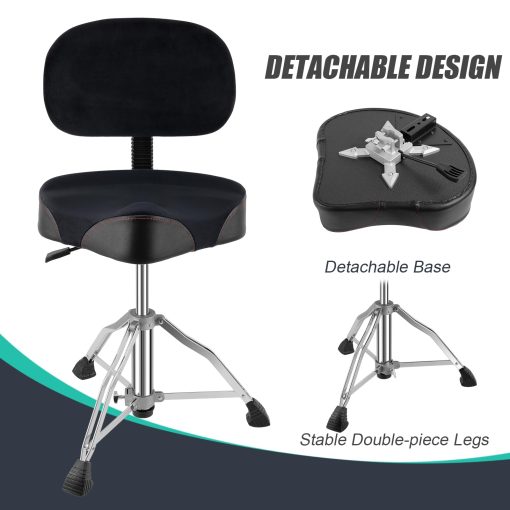 Banqueta de Bateria con Respaldo, Silla de Bateria Portatil Desmontable Estilo Motocicleta Taburete Hidraulico para Adultos con Respaldo Ajustable y Espuma Viscoelastica (Negro Aterciopelado) - Imagen 2