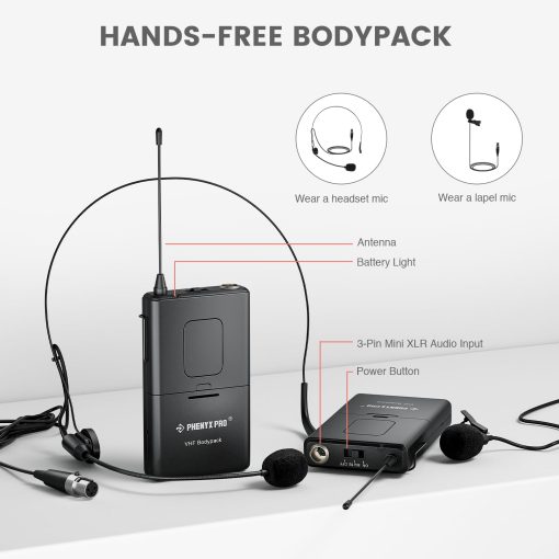Sistema de Microfono Inalambrico Phenyx Pro, Sistema de Microfono Inalambrico VHF de 4 Canales con 2 Manos/2 Transmisores de Cuerpo/2 de Solapa/2 de Diadema, Receptor de Metal, Adecuado para Iglesia, Reunion, Conferencia (PTV-2000B) - Imagen 5
