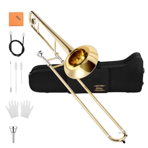 Trombon de vara para principiantes Eastar Bb Tenor, instrumento de trombon de laton B plano plateado con boquilla, guantes blancos, kit de limpieza, ETB-330, Dorado
