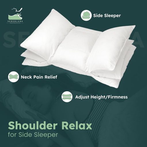 Almohada SerenLuna SlumberWing para dormir de lado, alivio de presion en el hombro, almohadilla ajustable en altura y firmeza, relleno premium de 95% de plumon de ganso blanco, soporte ergonomico para alineacion espinal con funda de almohada de ultra-algodon - Imagen 2