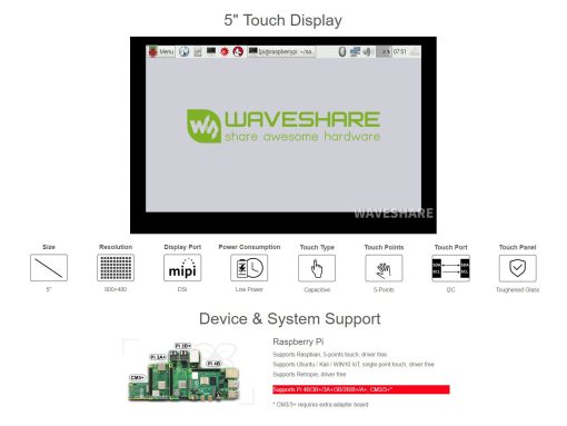 Pantalla tactil capacitiva Waveshare de 5 pulgadas Compatible con Raspberry Pi 4B/3B+/3A+/3B/2B/B+/A+/CM3/3+/4 Resolucion de 800x480 Interfaz DSI - Imagen 4