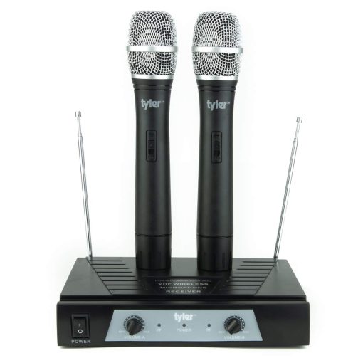 Sistema de microfono inalambrico de doble frecuencia Tyler TWM302 - Indicadores de bateria baja - Microfono de karaoke con alcance de 100 pies con cable de audio de 1/4", receptor inalambrico y convertidor de conector de 6.3 mm a 3.5 mm