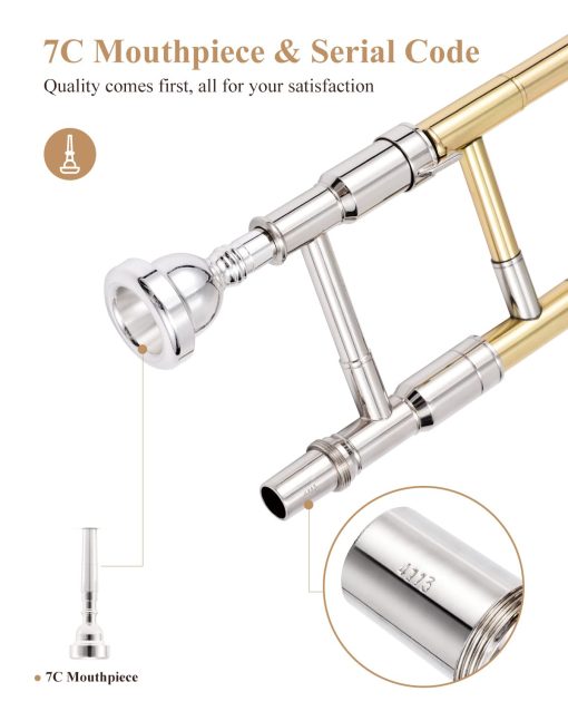 Trombon de vara para principiantes Eastar Bb Tenor, instrumento de trombon de laton B plano plateado con boquilla, guantes blancos, kit de limpieza, ETB-330, Dorado - Imagen 7