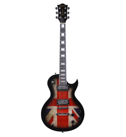 Guitarra electrica de tamaño completo modelo Single Cut Leo Jaymz - con increible calcomania de la bandera del Reino Unido en la parte superior arqueada (Bandera del Reino Unido)