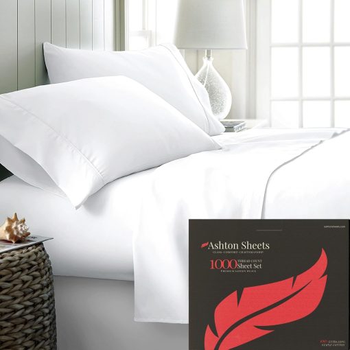 Juego de sabanas Ashton 100% algodon egipcio Split King para cama ajustable - 1000 hilos 5 PC Juego de sabanas blanco superior Split King para cama Sleep Number, 16" bolsillo profundo sabana de lujo suave de enfriamiento