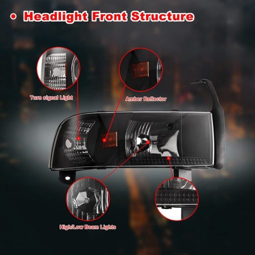 Faros Proyectores Nixon Offroad para Dodge Ram 1500 1994-2001 / Dodge Ram 2500 94-02 3500/ Dodge Ram 4000 1995-2002 (Todos sin Paquete Deportivo) Ensamblaje de Faros Alto y Bajo Lente Transparente - Imagen 4
