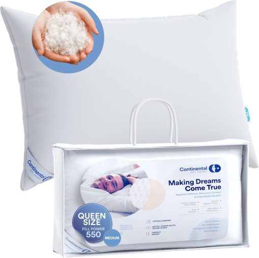 Almohada de Plumas de Lujo 100% Continental Bedding Tamano Queen - Paquete de 1 - Fabricado por Familia en Nueva York - Almohadas Transpirables para Dormir, para Dorsales, de Costado, de Estomago - Firmeza y Altura Media de 550FP