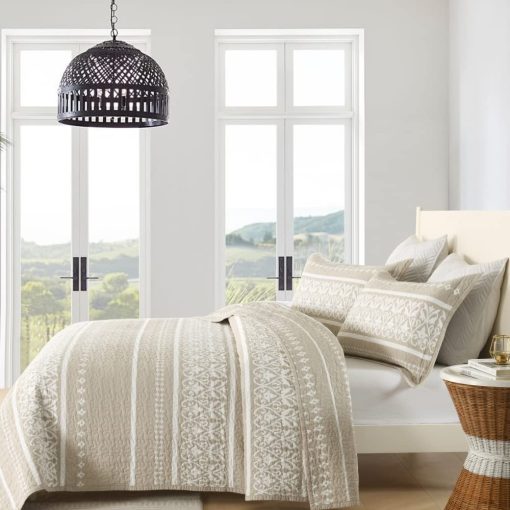 Colcha Queen Size Qiqiong, 100% Algodon Juego de Ropa de Cama Bohemia Colcha Reversible Acolchada Queen Size Beige Blanco Rayado Conjunto de Edredon Ligero Cubrecama para Todas las Estaciones 3 Piezas - Imagen 3