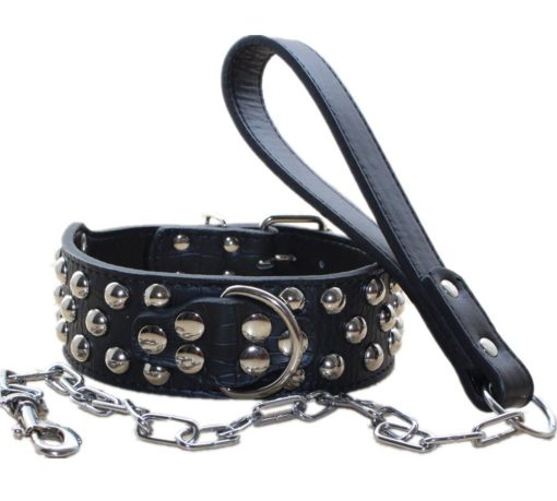 Collar de Perro de Cuero con Tachuelas de 2 Pulgadas + Correa de Cadena para Perros de Raza Grande, Ajuste Resistente para Pit Bull Husky Mastin Terrier (Negro, L)