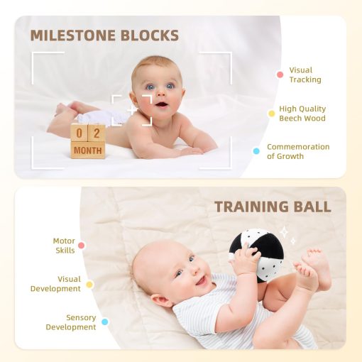 Set de Juguetes Montessori OOOK para Bebes de 0-3 Meses, Incluye Libro de Tela Suave, Cartas en Blanco y Negro, Hitos Mensuales del Bebe, Manta de Seguridad de Conejito y Pelota de Entrenamiento de la Vision - Imagen 5
