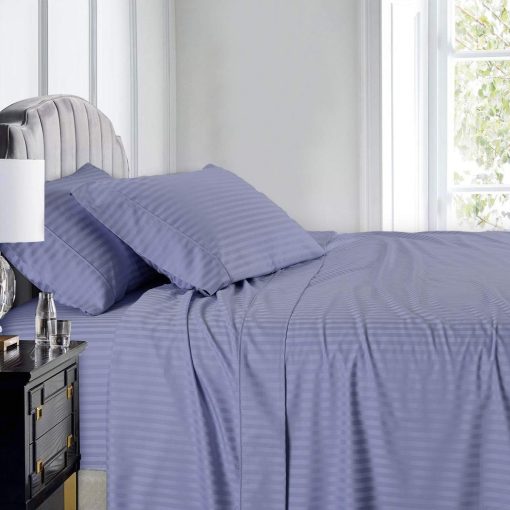 Juego de Sabanas a Rayas de Royal Hotel Bedding - Split-Queen: Sabanas Ajustables para Cama Queen - Set de Sabanas de 5 Piezas - 100% Algodon - 600 Hilos - Bolsillo Profundo, Split Queen, Periwinkle - Imagen 2