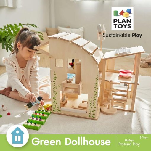 Casa de Muñecas Verde de PlanToys con Muebles - Juguete Ecologico sin Sustancias Quimicas que Incluye Set de 18 Muebles de Madera - Imagen 3