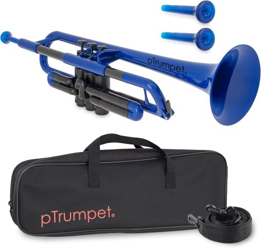Trompeta de Plastico PINSTRUMENTS pTrumpet | Boquillas 3c y 5c con Estuche | Agarre Ergonomico Comodo | Sonido Autentico en Si Bemol para Estudiantes y Principiantes | Construccion Duradera de ABS | Azul