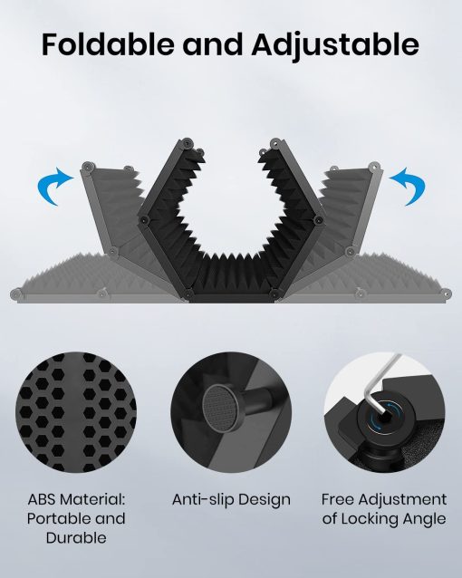 Moukey Escudo Aislante para Microfono, Pantalla Plegable con Triple Aislamiento de Sonido, Filtro de Reflexion con Montaje de Rosca para Microfono de 3/8" y 5/8" para Estudio de Grabacion, Podcasts, Canto y Radiodifusion - Imagen 3