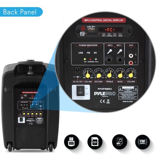 Sistema de Altavoz de PA Portatil Inalambrico Pyle - 360W Bluetooth Compatible Bateria Recargable Altavoz de Sonido para DJ al Aire Libre con Microfono Set con MP3 USB SD Radio FM RCA 1/4" Microfono en Ruedas PPHP8MBA.5 - Imagen 3