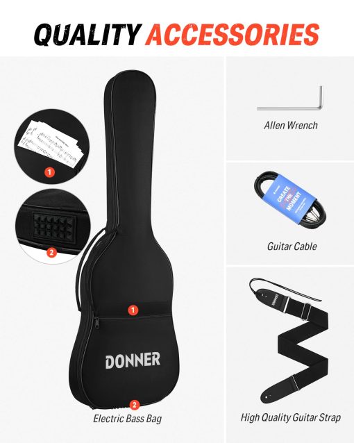 Guitarra Electrica Donner LP Cuerpo Solido, Tamano Completo 39 Pulgadas Kit de Guitarra Electrica para Principiantes Negro con Bolsa, Cable, Correa, DLP-124B - Imagen 7