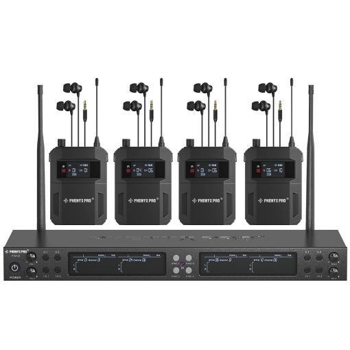 Sistema de Monitor Inalambrico Phenyx Pro, Sistema de Monitor Inalambrico de 4 Canales, Cuerpo de Metal con 4 Bodypacks, 4x25 Frecuencias UHF, Montaje en Rack, Rango de 164 pies, Diseno Mono, para Estudio/Banda (PTM-33)