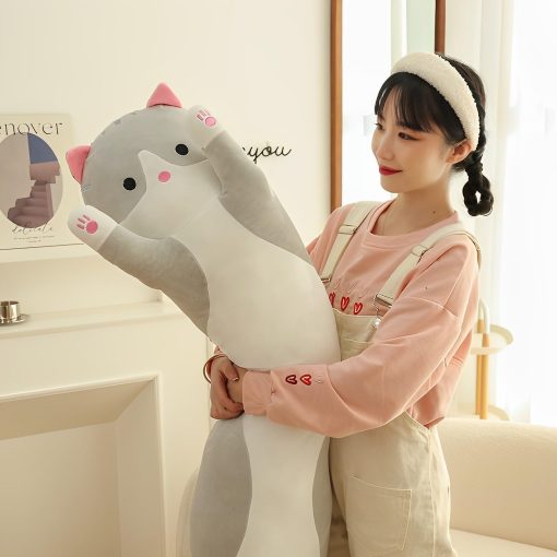 WUYU Encantador Peluche de Gato Lindo Muneco Suave de Gato Relleno de Dibujos Animados Almohada Larga Almohada de Sueno de Lanzamiento Muneco de Juguete Regalo para Ninos Novia Multiples Tamanos (Gris, 150cm/59in) - Imagen 6
