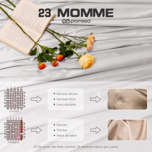 Juego de sabanas de seda 100% pura de mora PROMEED Queen Set 4PCS, 23 Momme Grado 6A+ Juego de sabanas de seda con sabana plana, sabana ajustable y fundas de almohada con cremallera (Gris Claro, Queen) - Imagen 3