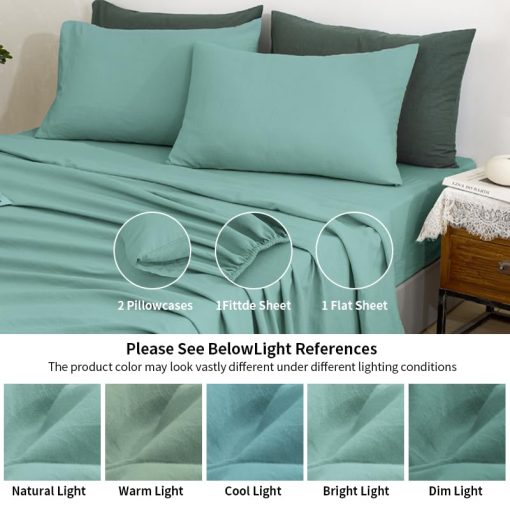 Juego de sabanas de lino TUMEI 100% tamano King - 4 piezas de ropa de cama King Sabanas de lino suaves, transpirables y duraderas Juego de sabanas ajustables y sabana plana y 2 fundas de almohada, tamano King en azul oceano - Imagen 5