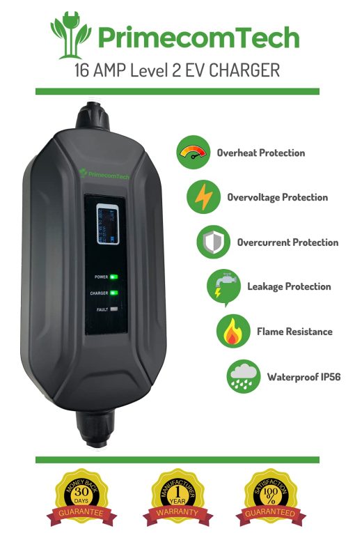 Cargador para EV PRIMECOM Nivel 2 220/240V, 16A, 30 pies y 50 pies, Cable portatil de carga de vehiculo electrico EVSE compatible con Bolt Volt Leaf BMW i3 Fiat 500e Clarity NIRO Prius (10-30P, 30 pies) - Imagen 2