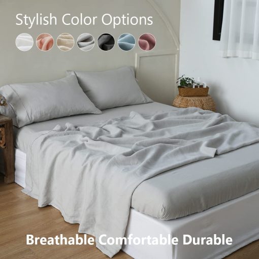 Juego de sabanas de lino Simple&Opulence 100% con bordado lavado - 4 piezas (1 sabana plana y 1 sabana ajustable y 2 fundas de almohada) natural lino suave ropa de cama transpirable acogedora de estilo campestre - Gris claro, tamano Queen - Imagen 6