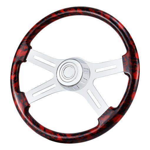 Volante de camion de madera maciza impresa en hidrografica de 18" con 4 radios de aluminio cromado para Semi-Remolques, Camiones Kenworth, Peterbilt, Volvo, Freightliner (rojo)