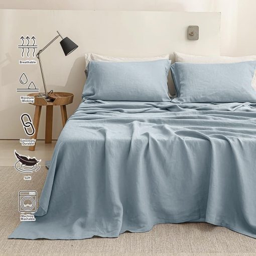 Juego de sabanas de lino Simple&Opulence 100% 4 piezas Estilo Basico, Bolsillo Profundo, Lino frances lavado natural Suave Sabanas transpirables - Azul Polvoriento, Tamaño Queen - Imagen 8