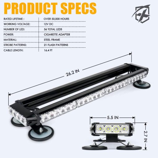 Barra de luz estroboscopica LED Xprite blanco ambar para techo de vehiculos de construccion de emergencia de alta visibilidad de doble cara de 26" con base magnetica para camiones de recogida de luces de advertencia de peligro - Imagen 7