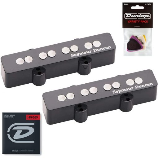 Set de microfonos Seymour Duncan Quarter Pound Jazz Bass con cuerdas de bajo Dunlop Nickel Wound y paquete de puas variadas