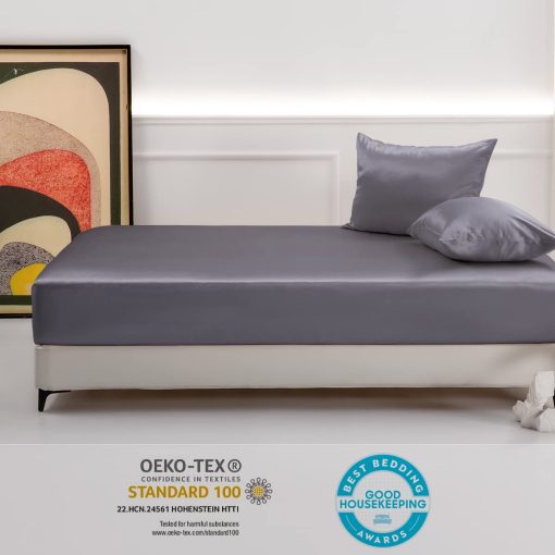 Sabanas de Seda 100% Momme 25 para Niños Promeed, Juego de Sabanas de Cama de Seda de Morera Grado 6A Certificadas Oeko-TEX con Bolsillo Profundo de 16" (Gris, Individual) - Imagen 3