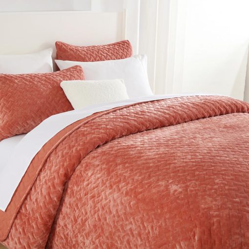 Juego de Colchas de Terciopelo Liians, Juegos de Ropa de Cama de Lujo con Terciopelo Ultra Suave y Elegante, Colchas Acolchadas de Algodon con Patron de Tejido para Todas las Estaciones, Naranja, Tamaño Queen - Imagen 2