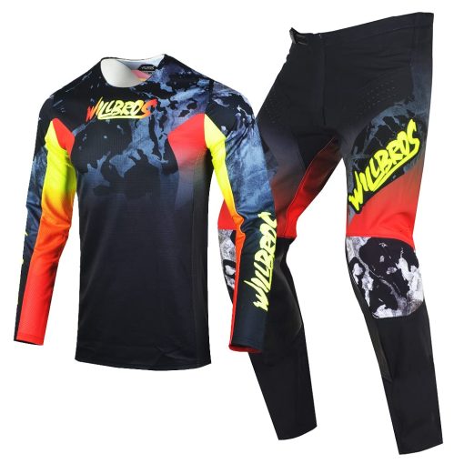 Conjunto de Jersey y Pantalones de Motocross para Hombres Willbros MX Set Offroad Dirt Bike Downhill Enduro Race para Adultos Negro Amarillo Rojo (Jersey L Pantalones 34)