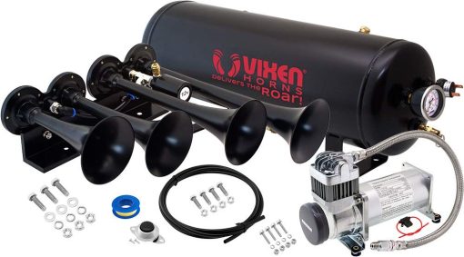 Kit de Claxon de Tren Vixen Horns para Camiones/Autos/Semirremolques. Sistema Completo a Bordo - Compresor de Aire de 200 psi, Tanque de 2.5 Galones, 4 Trompetas. Super Fuerte dB. Compatible con Vehiculos como Pickups/Jeeps/RVs/SUVs 12v VXO8325/4124B