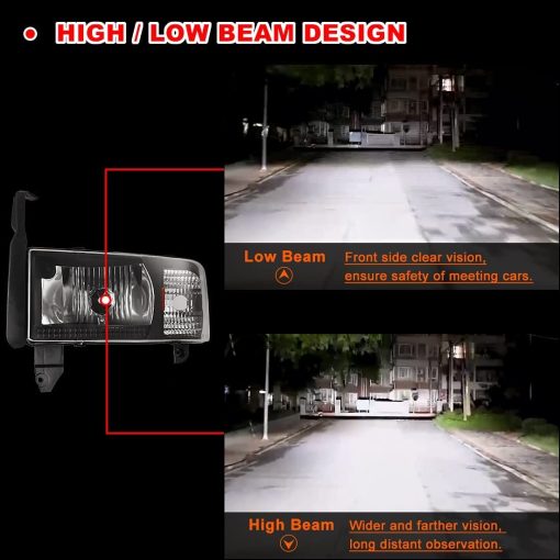 Faros Proyectores Nixon Offroad para Dodge Ram 1500 1994-2001 / Dodge Ram 2500 94-02 3500/ Dodge Ram 4000 1995-2002 (Todos sin Paquete Deportivo) Ensamblaje de Faros Alto y Bajo Lente Transparente - Imagen 3
