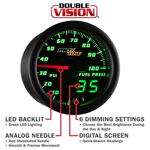 Kit de Medidor de Presion de Combustible MaxTow Double Vision 100 PSI - Incluye Sensor Electronico - Cara Negra - Dial Iluminado en LED Verde - Lecturas Analogicas y Digitales - para Camiones - 2-1/16" 52mm - Imagen 4