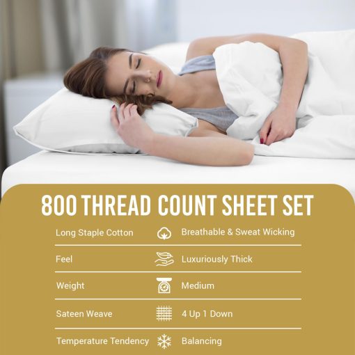 Juego de sabanas 100% algodon Pizuna Pure Split King Blanco, 800 hilos 100% algodon de fibra larga Juego de sabanas Split King para cama ajustable, sabanas con bolsillo profundo de 15 pulgadas (Juego de sabanas de algodon peinado) - Imagen 4